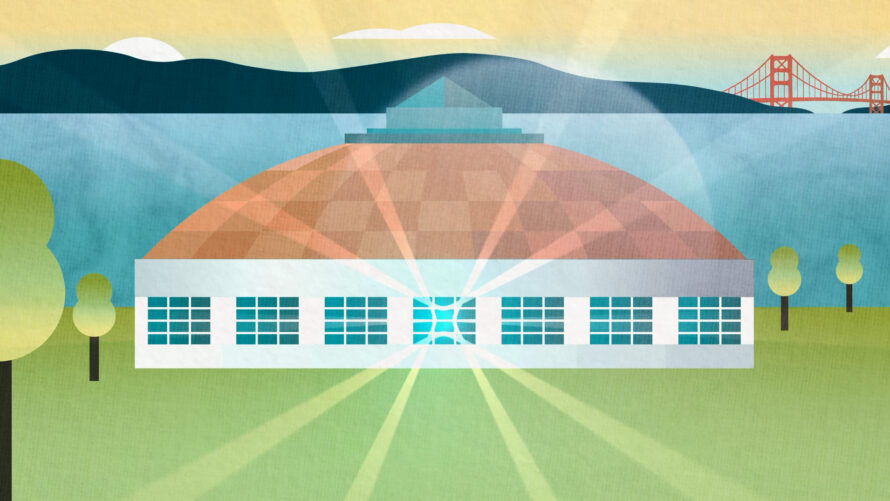 An illustration of a large white building with a segmented orange dome roof, situated on a green lawn beside a body of water. Bright rays of light shine outward from a glowing center window. In the background, dark hills sit across the water, with the Golden Gate Bridge visible on the far right under a stylized, pale sky.