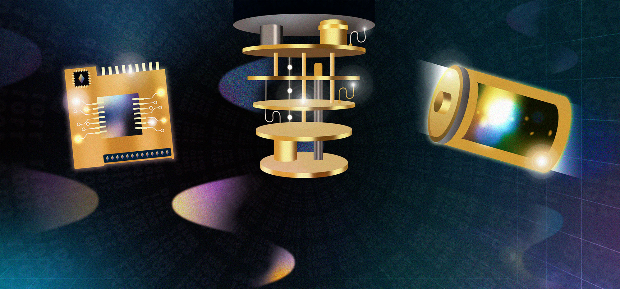 An illustration featuring three floating golden science and technology icons against a dark, glowing background: a multi-tiered quantum chandelier at the top, a microchip with circuit nodes on the lower left, and an open battery shell emitting bright light on the lower right.