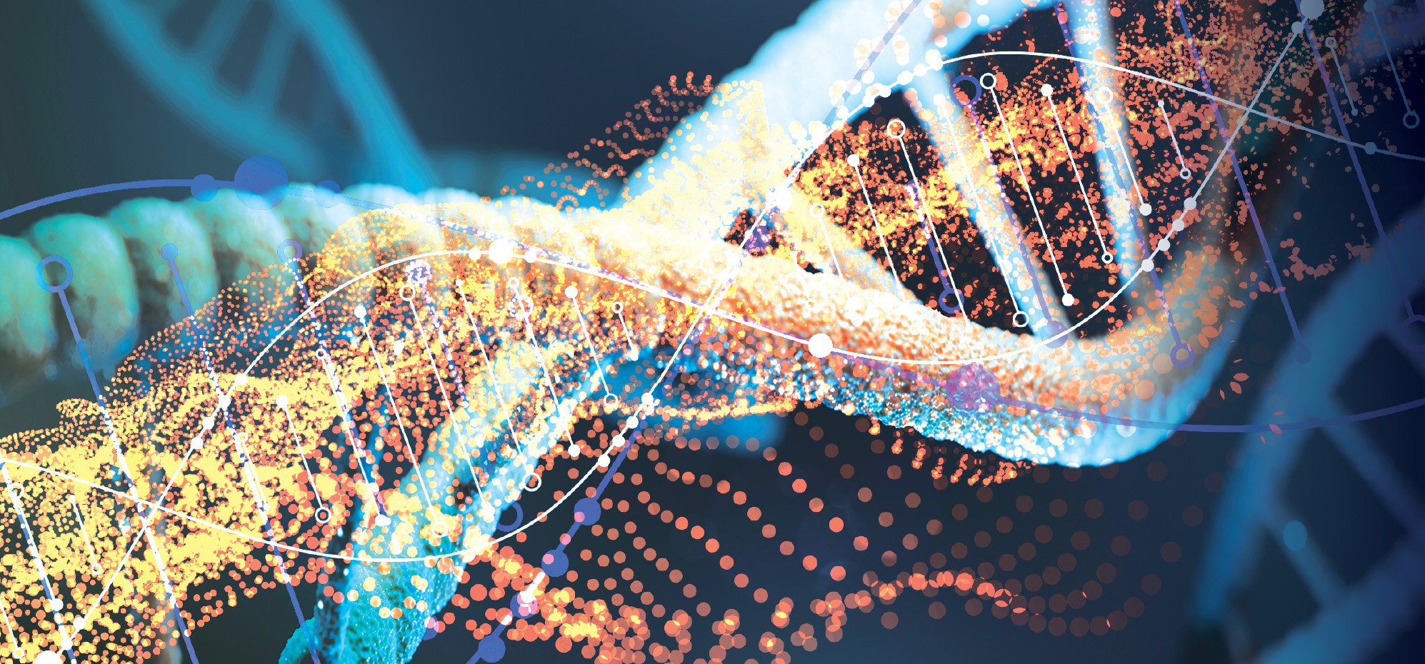 A colorful DNA helix background.