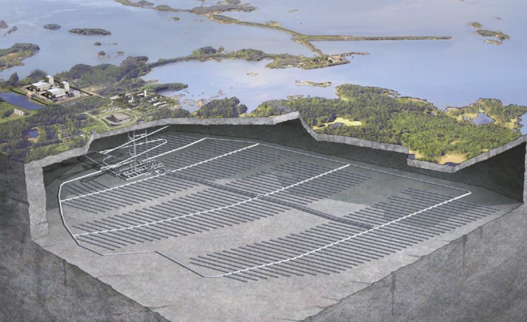 Illustration of a deep underground nuclear waste repository with rows of horizontal storage tunnels beneath a coastal landscape.