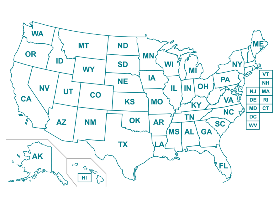 A map of the United States showing state boundaries and two-letter postal abbreviations for each state, including Alaska and Hawaii in inset boxes. The map is outlined in teal on a white background.