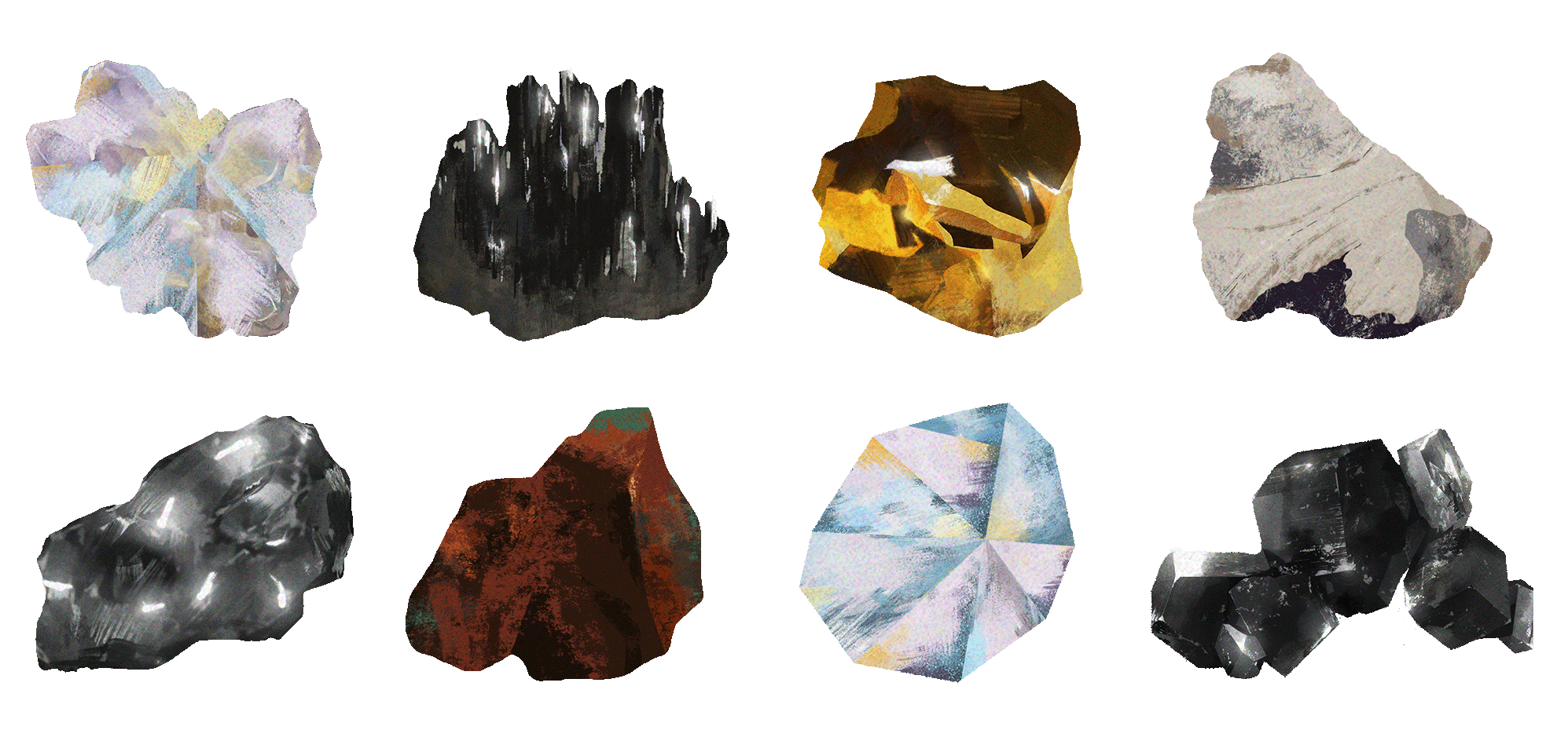 Eight illustrated critical minerals.